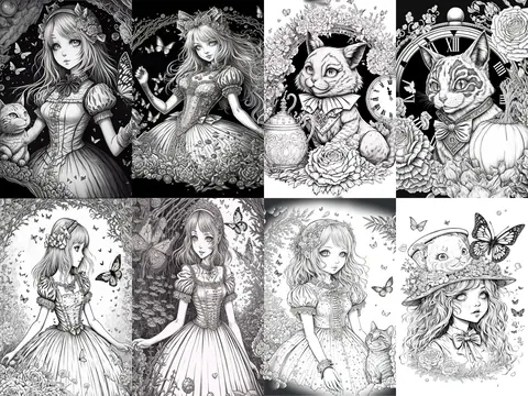 Alice in Wonderland and Cheshire cat grayscale coloring pages
