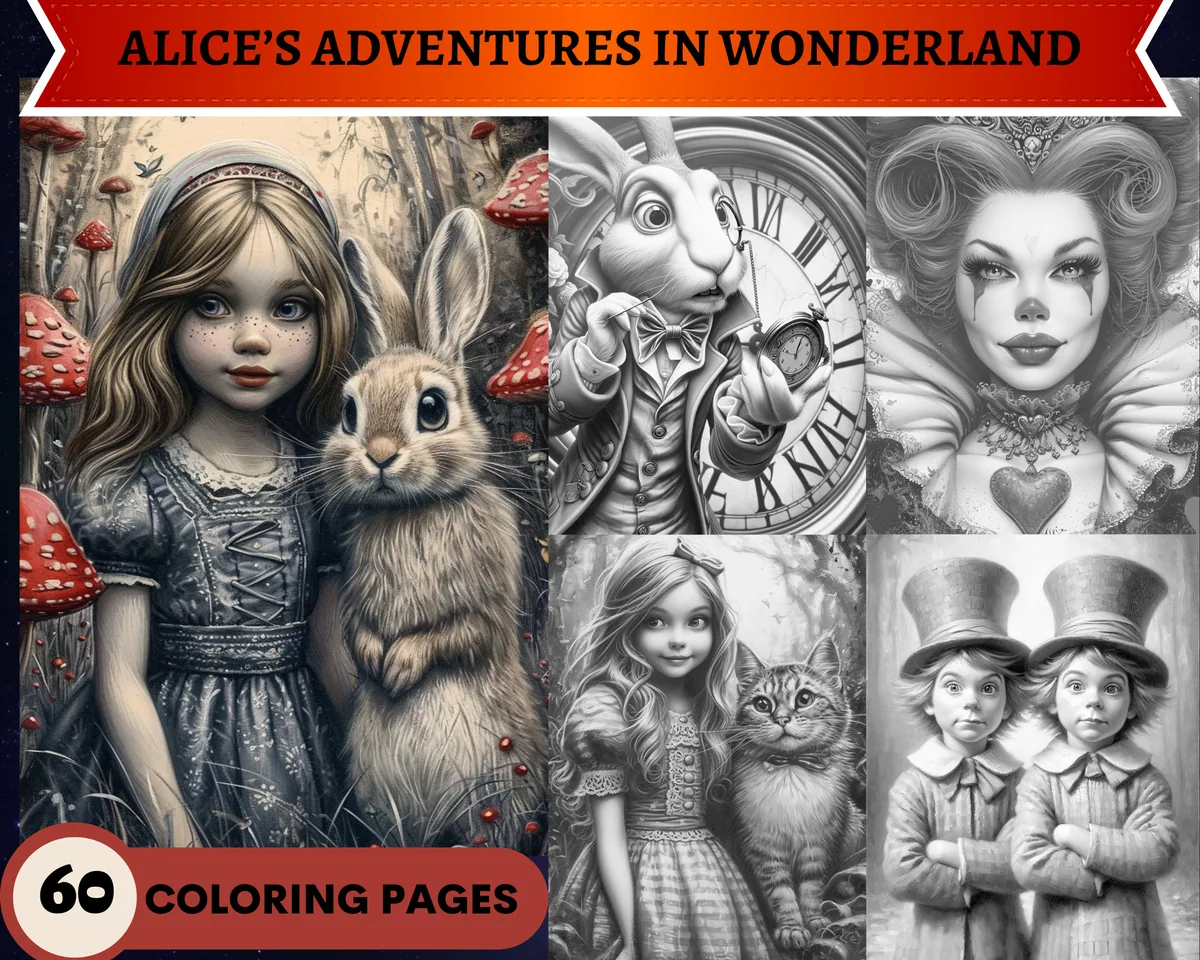Alice's Adventures in Wonderland Grayscale Coloring Pages