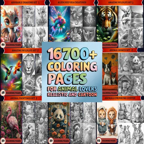 Animals Lovers Mega Bundle grayscale coloring pages