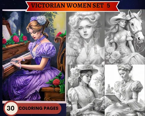 Beautiful Victorian Women and Girls Set 5 grayscale coloring pages