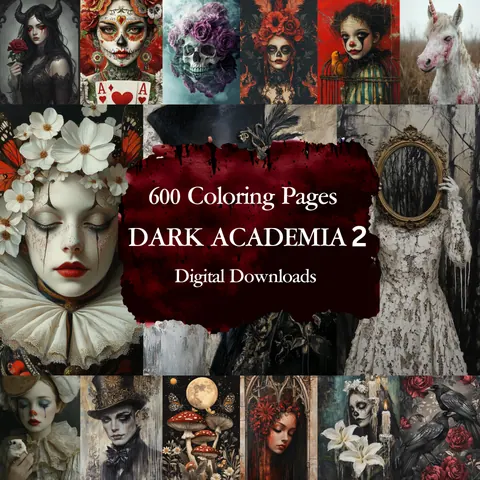 Dark Academia 2 Mega Bundle grayscale coloring pages