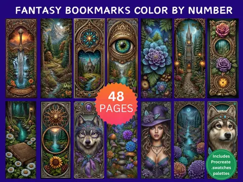Fantasy Bookmarks color by number pages