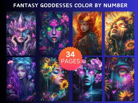 Fantasy Goddesses color by number pages