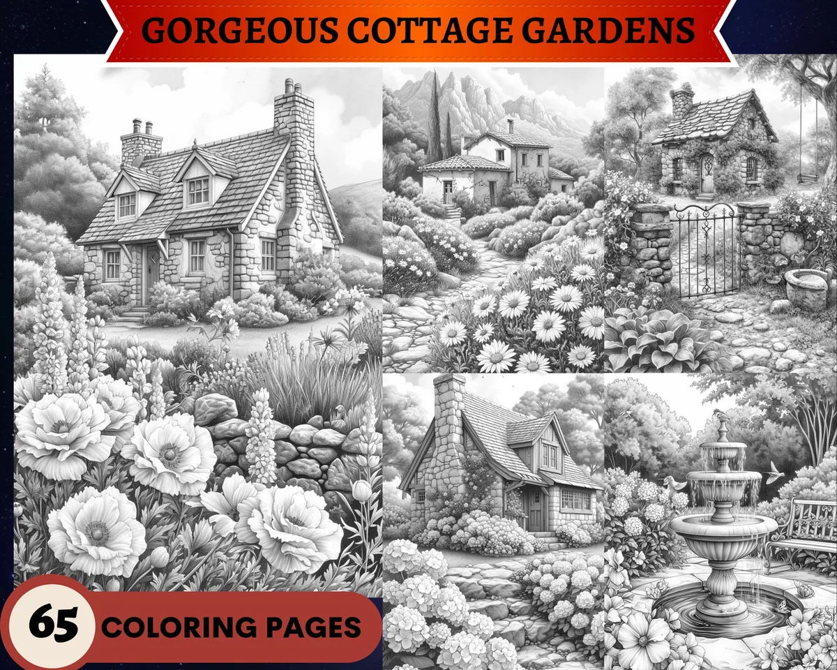 Gorgeous Cottage Gardens Set 1 Grayscale Coloring Pages