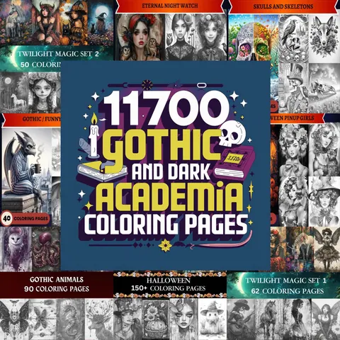 Gothic Dark Academia Mega Bundle grayscale coloring pages