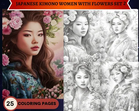 Japanese Kimono Women with Flowers Set 2 grayscale coloring pages