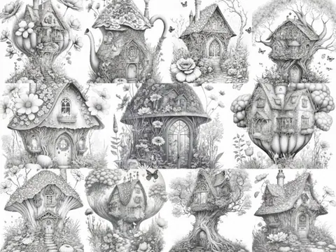 Land Fairy Houses Set 2 grayscale coloring pages