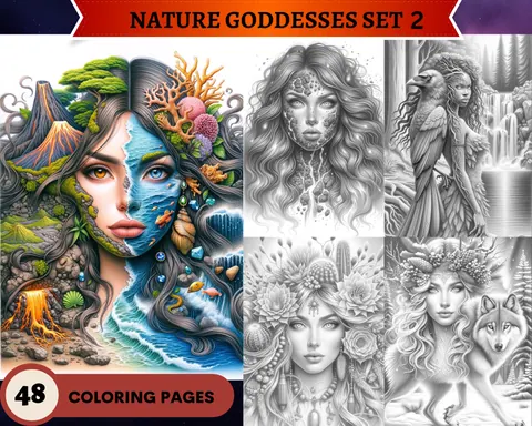 Nature Goddesses Set 2 grayscale coloring pages