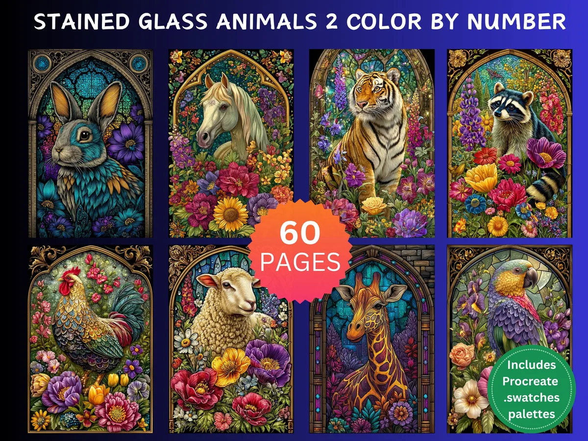 Stained Glass Animals Set 2 Color by Number