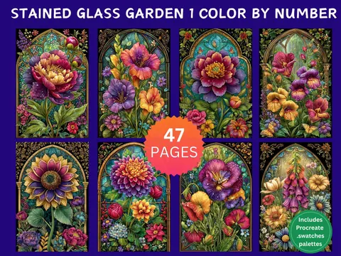 Stained Glass Garden Set 1 color by number pages