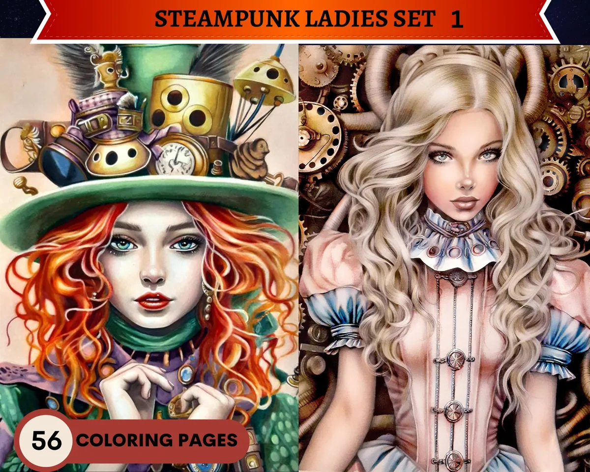 Steampunk Ladies Set 1 Grayscale Coloring Pages