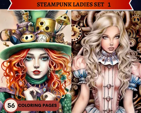 Steampunk Ladies Set 1 grayscale coloring pages
