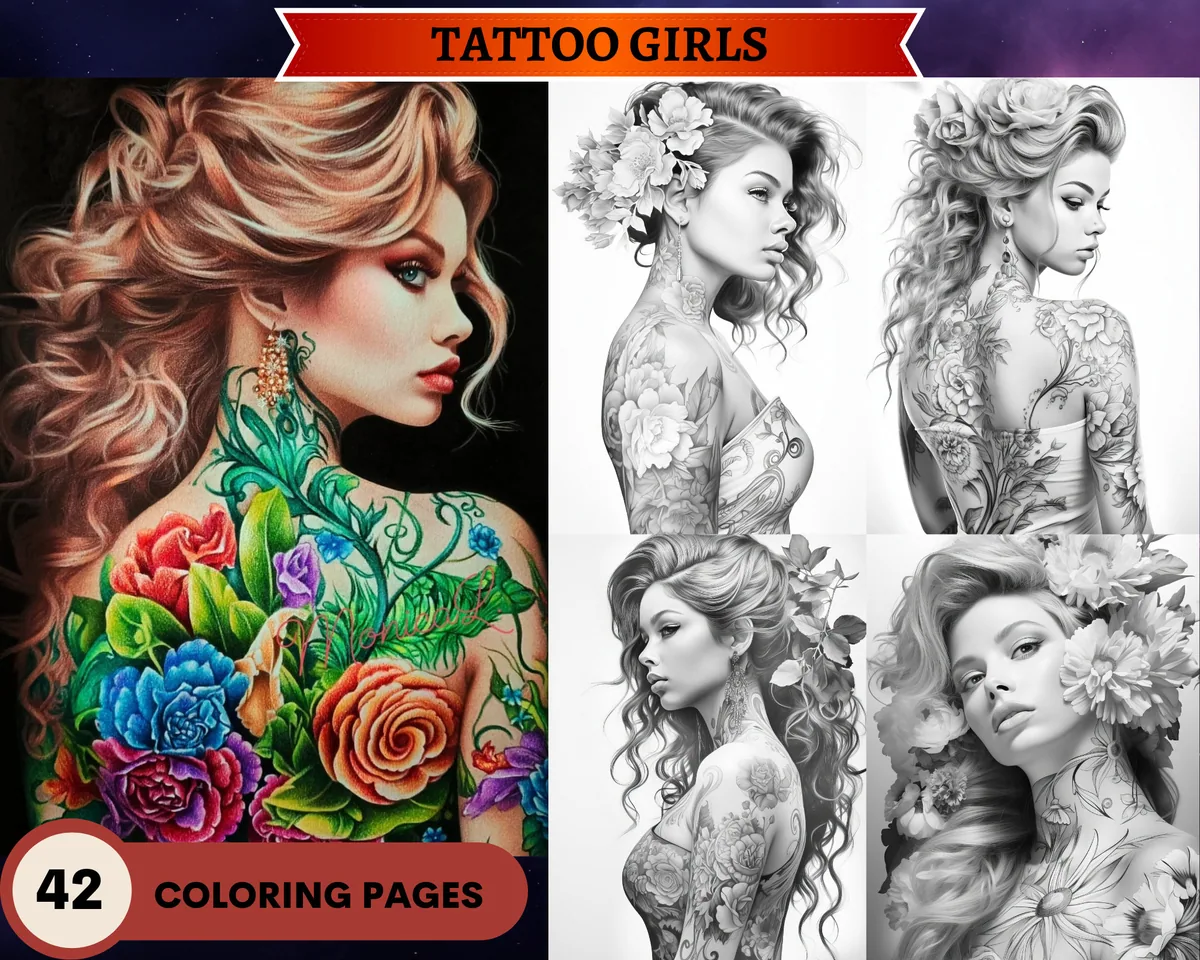 Tattoo Girls Grayscale Coloring Pages