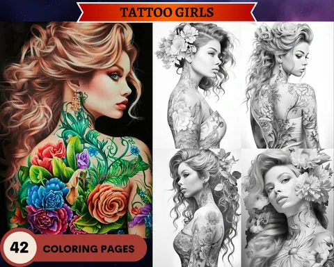 Tattoo Girls grayscale coloring pages