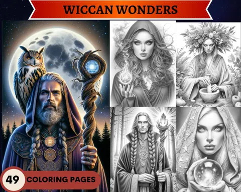 Wiccan Wonders Set 1 grayscale coloring pages